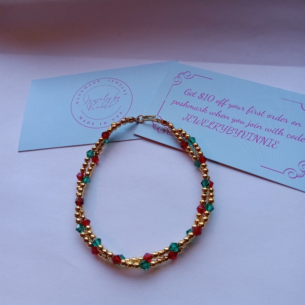 Hand Crafted Gold and Red Beaded Bracelet - Picture 2 of 7